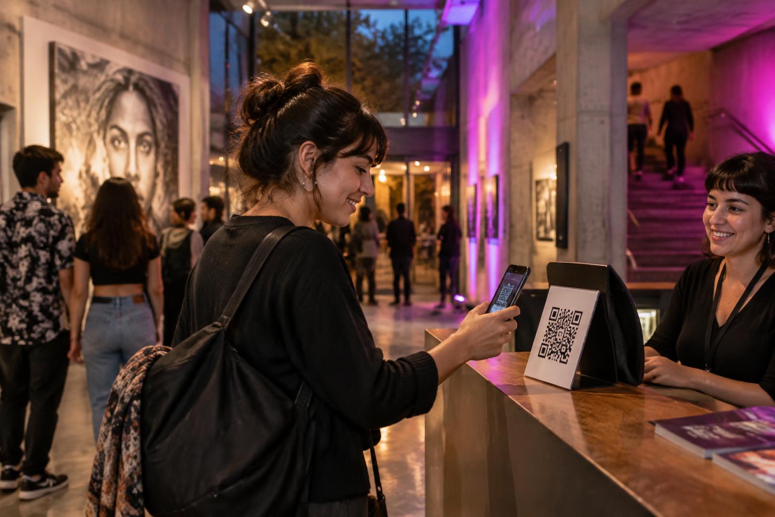 Visitante disfrutando de un espacio cultural y usando su pasaporte digital