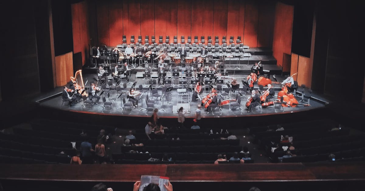 Capture of a live orchestra setup in an indoor concert hall with audience seated.